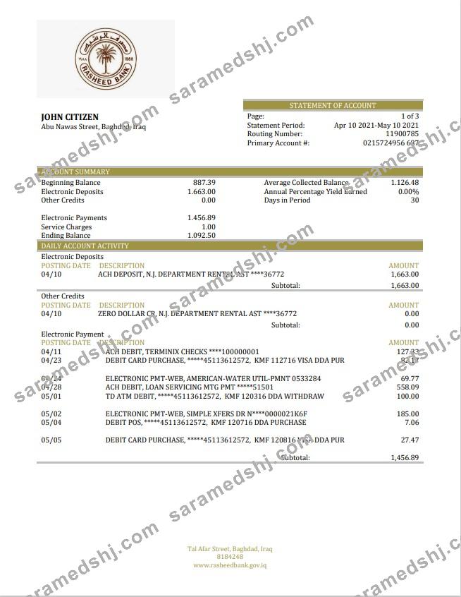 Iraq Rasheed Bank statement
